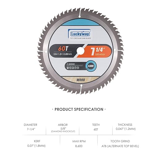 Luckyway 7-1/4 Inch 60T Finish with 5/8 Inch Arbor TCT Circular Saw Blade for Cutting Wood