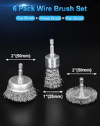Rocaris 6 Pack Carbon Steel Wire Wheel and Pen Brush Set with 1/4-Inch Hex Shank for Rust Removal, Corrosion and Scrub Surfaces