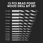 Metric Brad Point Wood Drill Bit Set, 12Pcs Drill Bit Set with Double Flutes Design for Carpenter Woodworking and All Types of Wood (3mm - 12mm)