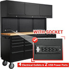 CT Copper Tailor 72-inch Rolling Tool Chest with Integrated Power Strip,15 Drawers and Wheels, Garage Workbench with Storage, 3 Upper Cabinets, Pegboard in Matte Black