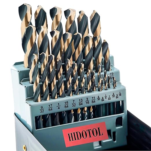 Drill Bit Set 29Pcs, 135 Degree Tip High Speed Steel with Black and Gold Finish, Stainless Steel, Plastic and Wood with Metal Indexed Storage Case 1/16"-1/2"