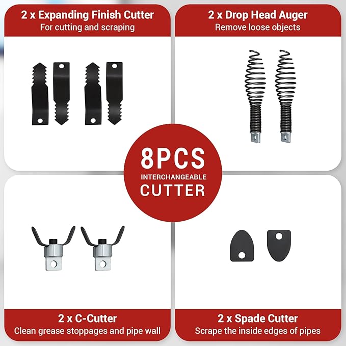 Auto Feed 75 FT x 1/2 Inch Drain Cleaner Machine with 250W Motor, Portable Sewer Snake Auger with 8 Cutters & Air-activated Foot Switch, Fits 1" to 4" Pipes, Black & Red