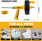 Drain Auger, Drain Snake With Drill Adapter, 25ft Plumbing Auger Heavy Duty Flexible Sink Steel Plumbing Auger Bathroom Hair Clog Removal Tool