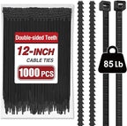 Zip Ties Heavy Duty 12 inch (1000 Pack), Double-sided Toothed, 85 lb, Delivering 1.7X Tensile Strength in the Same Specs, Black Cable Ties, Glufirm