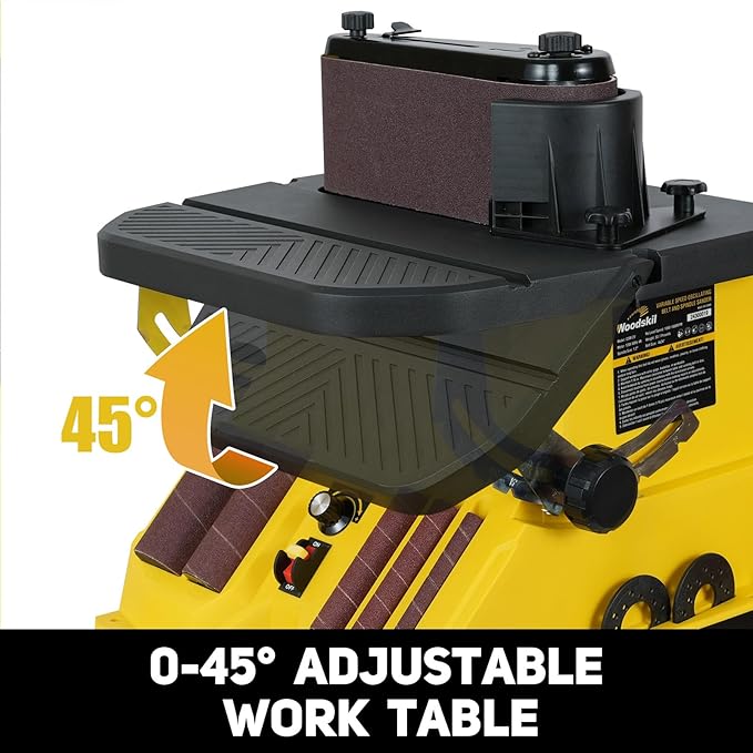 4A Variable Speed Oscillating Belt and Spindle Sander - 4x24” Belt, 5 Sanding Sleeves, 1000-1800RPM Adjustable Speed Control for Woodworking Projects - Efficient Dust Collection for Smooth Finishes
