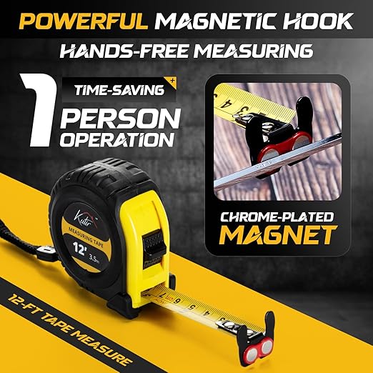 12-Ft Tape Measure with Magnetic Hooks, Fraction Markings, Steel Retractable, Both Side Ruler, Easy to Read Measuring Tape, Shock Absorbent Rubber Case