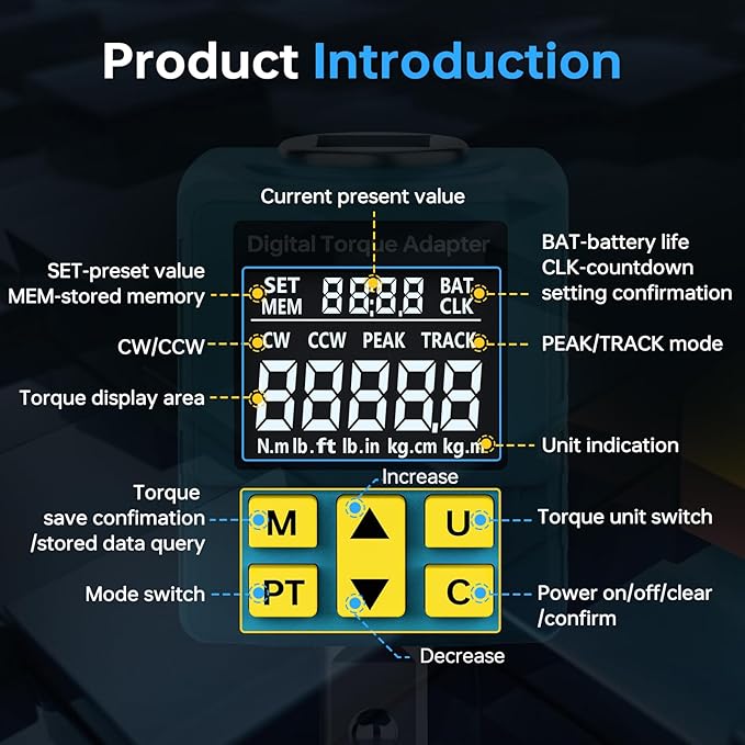 1/2" Digital Torque Adapter, (±1% Accuracy, 7.4-150Ft-lb) Digital Torque Wrench Adapter for Auto, with Upgrade Color Display, Versatile Meter - Smart Alert | Peak/Track | Preset | Store/Delete(203N.m)