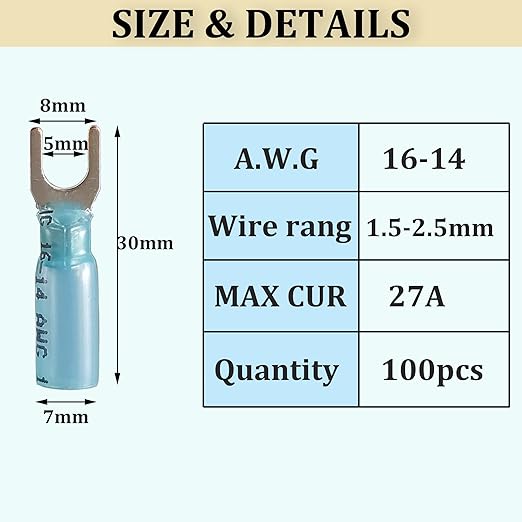 100pcs 16-14 AWG Marine Grade Heat Shrink Fork Connectors, ＃10 Tinned Copper Heat Shrink Fork Terminals, Insulated Electrical Spade Crimp Fork Wire Connectors (Blue AWG16-14)