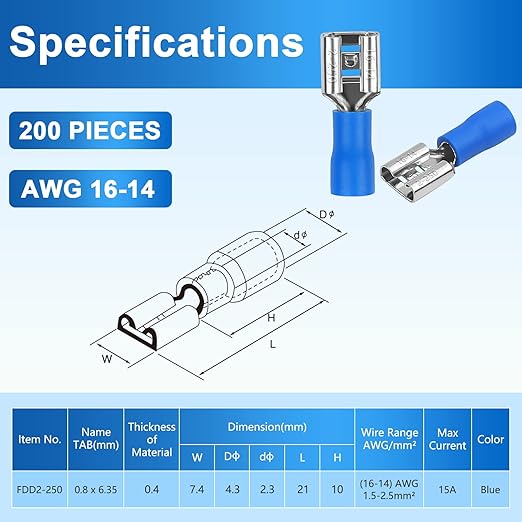 200 Pcs Female Quick disconnects Vinyl Insulated Spade Wire Connectors, Blue Electrical Crimp Terminal 16-14 AWG (6.3mm)
