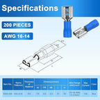 200 Pcs Female Quick disconnects Vinyl Insulated Spade Wire Connectors, Blue Electrical Crimp Terminal 16-14 AWG (6.3mm)