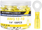 haisstronica 100PCS Heat Shrink Ring Terminals 1/4" Marine Grade Wire Connectors Yellow AWG 12-10 Gauge, Tinned Red Copper 1mm Resistant Ring Connectors, Brazed-Seam Insulated Electrical Crimp