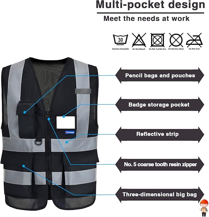 A-SAFETY High Visibility safety vest black pockets