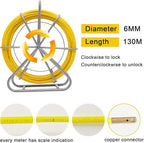 Fish Tape Fiberglass 6MM 425FT Fishing Wire Duct Rodder Cable Puller Running Electrical Fishtape Rod with Steel Wheel Stand Reel through Wall Pipe