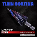 Four Spiral Flute Cobalt Step Drill Bit, 1/4"-1-1/8" M35 Cobalt Step Drill Bit Wear-Resistant AlTiN Coated, 1/4" Hex Shank for Hole Drilling in Stainless Steel, Copper, Aluminum, Wood, Plastic