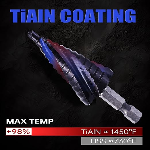 Four Spiral Flute Cobalt Step Drill Bit, 1/4"-3/4" M35 Cobalt Step Drill Bit Wear-Resistant AlTiN Coated, 1/4" Hex Shank for Hole Drilling in Stainless Steel, Copper, Aluminum, Wood, Plastic