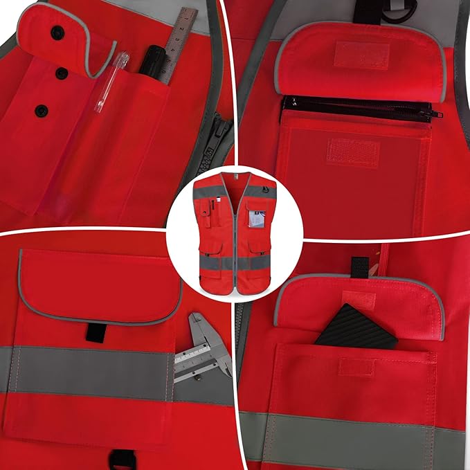 TCCFCCT Reflective Safety Vest 9 Pockets High Visibility Vest for Men Women, Hi Vis Construction Work Vest with Reinforced Sewing, Durable to Use, Meets ANSI/ISEA Standards, (Red, 5X-Large)