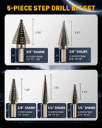 COMOWARE Step Drill Bit Set & Automatic Center Punch- Black and Gold, Double Cutting Blades, High Speed Steel, Short Length Drill Bits Set of 5 pcs, Total 50 Sizes with Aluminum Case