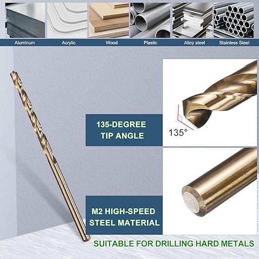 METALLIXITY Drill Bit (#42) 12Pcs, M2 High-Speed Steel Micro Number Bits Spiral Flute 135°Point Tip Gold Finish for Stainless Steel Iron Copper Aluminum Hard Metal