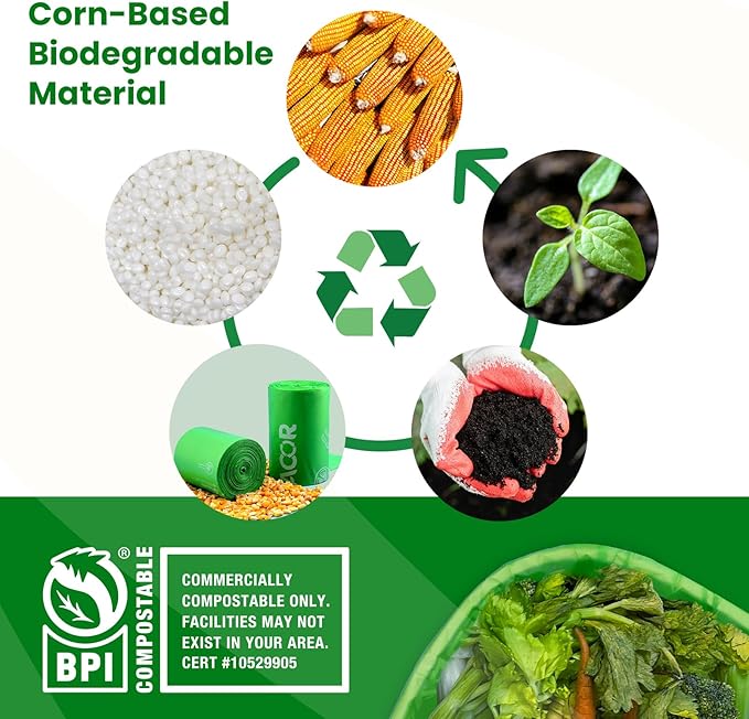 1.6 Gallon Compostable Food Scrap Bags Handle Tie for Kitchen Countertop Bin, 6 Liter Small Compost Bags, 50 Count, BPI Certified and Meet The ASTM D6400 Standard