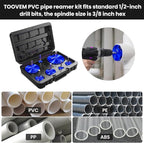 TOOVEM 7 Pcs PVC Pipe Reamer Set with 3/4inch, 1-1/4inch, 1-1/2inch, 2inch,3inch,4inch Head Aluminum PVC Fitting Saver, PVC Socket Saver for Standard 1/2" Drill (Blue)