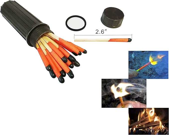 Emergency Survival Kit – Windproof Matches with Waterproof Case, Waxed Fire Rope, Wire Saw, Knife, Tool Card, Blanket, Carabiner – Camping Hiking Outdoor Fire Starter Set