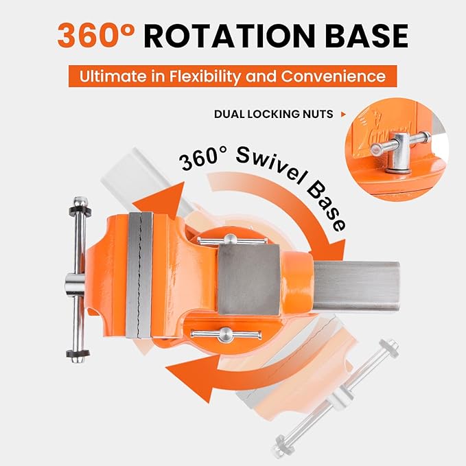 Forward Bench Vise 6 Inch Ductile Iron Bench Vice with 360 Degree Swivel Base and Channel Steel Guide Bar 30606 (6")