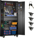 Metal Garage Storage Cabinet with Wheels and Doors,71" H Rolling Tool Cabinet with Pegboard and Drawer for Garage Warehouse Home,Required Assembly,Black