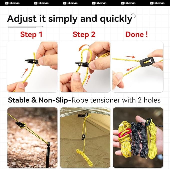 Hikeman Tent Guy Ropes 2mm-Ultralight Strong Guy Lines with Tensioner Reflective UHMWPE Fiber Tent Cord for Camping, Hiking, Backpacking Rope (Yellow, 39 Feet, 6 Tensioners)