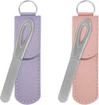 Metal Nail File with Case, 2 Pack Keychain Nail Files for Natural Nails, Fingernail Files Diamond Round Tip Stainless Steel Double Sided Fine Grit Silver Filer with Leather Sheath Travel Pink Purple