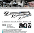 DURATECH 3-Piece Drive Ratchet, 1/4", 3/8", 1/2" 90-Tooth Quick-release Ratchet Wrench, Reversible, Chrome Alloy Made, Full Polished, Mens Stocking Stuffers Gifts for Men Gifts for Women Gifts for Dad