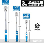 NEIKO 03006A Flat Head Ratchet Set - 3 Piece Low Profile 1/4, 3/8, 1/2 Inch Drive, 90 Teeth, Anodized Textured Grip Handle, Long Handle, Sealed Head, Cr-Mo