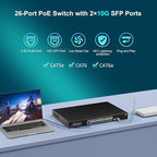 2.5G PoE Switch 24 Ports Unmanaged, 24×2.5G Base-T PoE Switch+2X 10G SFP, 26 Ports Switch 160 Gbps Switching Capacity, 400W, IEEE802.3af/at Switch for 2.5Gbps NAS, 4K Cameras, Fanless