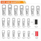 Kuject 220PCS Tinned Copper Wire Lugs Kit AWG 1 2 4 6 8 1/0 2/0 Gauge, Heavy Duty Battery Cable Lug Ends, Ring Terminal Connectors Assortment with 110PCS 3:1 Heat Shrink Tubing