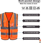 A-SAFETY Orange High Visibility Safety Vest Reflective, 3M Multi Pockets Working Vest Working Uniform Zipper Front ANSI/ISEA Standards 7 Pockets Class 2,3XL