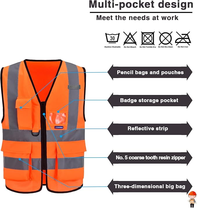 A-SAFETY Orange High Visibility Safety Vest Reflective,3M Multi Pockets Working Vest Working Uniform Zipper Front ANSI/ISEA Standards 7 Pockets Class 2,Large