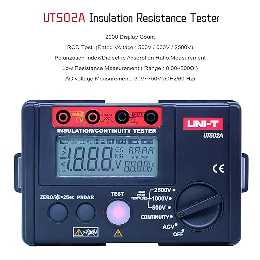 UNI-T 2500V Insulation Megger Tester Megohmmeter, Ground Resistance Tester Meter 0 Megohm to 20GΩ with AC 500V/1000V Testing Voltage & LCD Display Backlight(UT502A)