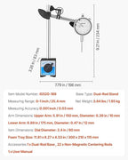 VEVOR Dial Test Indicator with Dual Rod Stand and Storage Case, 0.001 inch Accuracy, 0-1 inch Range, Fine Adjustable Long Arm, Non-Magnetic Centering Rods for Machine Set-Up, Narrow Area Measurement