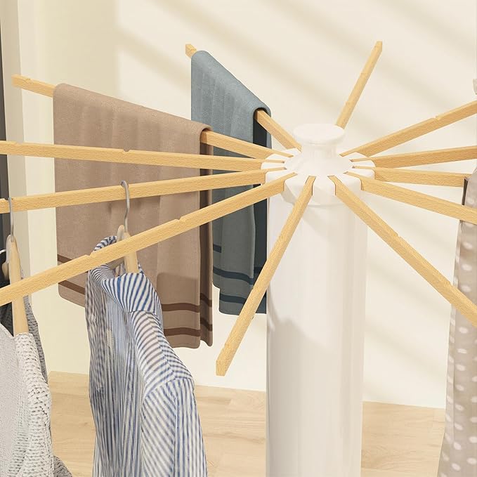 Tripod Drying Rack Portable, Foldable Drying Rack Clothing with 12 Wood Drying Arms, Standing Laundry Hanger Rack Round Collapsible & Portable Handle for Laundry Room, Balcony, Bedroom, RV