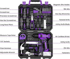Tool Set: Tool Kit with 8V Cordless Drill, Hand Toolbox with storage case, Tool set for Home Repairs 126 Piece, Purple