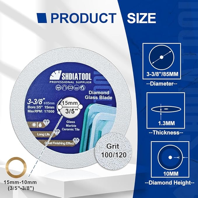 SHDIATOOL Glass Diamond Cutting Disc 3-3/8-Inch Saw Blade, Ultra-Thin Cut Off Wheel for Tile Ceramic Porcelain Marble 85mm (10 of Pack)