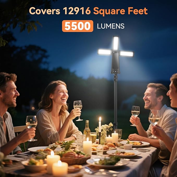 Rechargeable Camping Light with Stand 7 ft Max Height, 15000mAh Portable Cordless LED Work Light, 5500 Lumen 6500/4500/3500K Dimmable Emergency Flashlight with Detachable Tripod, Black