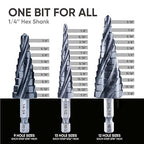 toolant Four Spiral Flute Cobalt Step Drill Bit Set(Pro Max), 1/8"-7/8"(3pcs) Impact Ready Unibit Step 1/4" Hex Shank Step Bits for Metal, Stainless Steel, Aluminum, Wood, Plastic