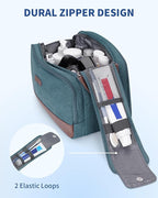 WANDF Toiletry Bag for Men Travel Toiletry Organizer Canvas and Leather Dopp Kit Water-Resistant Shaving Bag for Travel Accessories (Blue-Green, Large)