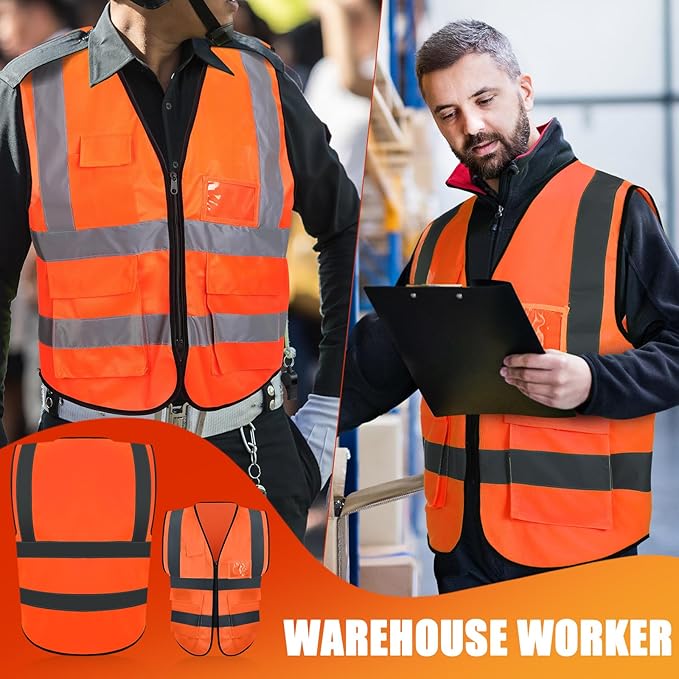 15 Pack Reflective Safety Vests with Pockets and Zipper High Visibility Vest Construction Work Vest for Men Women(Orange Red, X-Large)