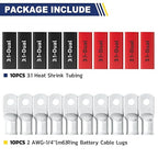 haisstronica 20pcs 2 AWG - 1/4"" (M6) Tinned Copper Battery Lugs, Heavy Duty Copper Wire Lugs with 3:1 Adhesive Heat Shrink Tubing, 2 Gauge Wire Lugs, Tinned Copper Battery Cable Ends, HX1799