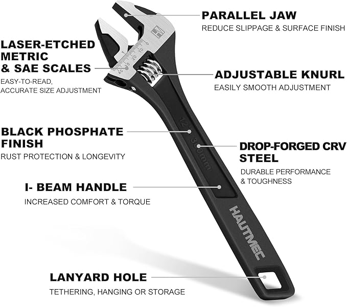 HAUTMEC 12 inch Adjustable Wrench Extra Wide Jaw Black Finish Adjustable Wrenches Drop-Forged CR-V Steel Metric & SAE Scales for Home Garage Workshop DIY
