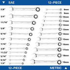 XJX 24PCS Ratcheting Combination Wrench Set | SAE & Metric | 12 Point | 1/4”to 7/8” and 8-19mm | CR-V Steel | Ratchet Wrenches Set with Portable Roll-Up Pouch