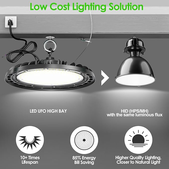 LED High Bay Light 200W, 12' UFO Commercial Lighting Fixture w/Isolated Power Supply, w/Plug for Garage Shop Warehouse Workshop, 5000k 28000lm Dimmable IP65 UL ETL Listed (4 Pack)