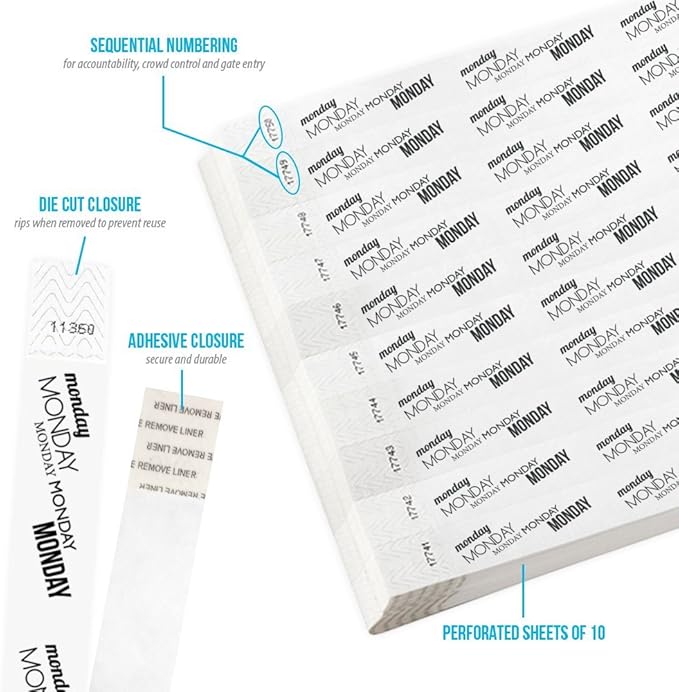 500 WristCo Monday White Tyvek Wristbands for Events - ¾” x 10” - Waterproof Recyclable Comfortable Tear Resistant Paper Bracelets Wrist Bands for Concerts Festivals Admission Party