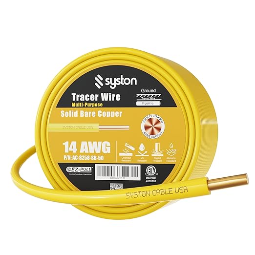 14 AWG Tracer Wire 600V 100% Solid Copper Conductor Direct Burial Underground, Yellow Tracer Wire for Locating Underground Pipes and Lines Gas Electrical Wire Water Sewer Pipe and Fiber Optic, 100 FT